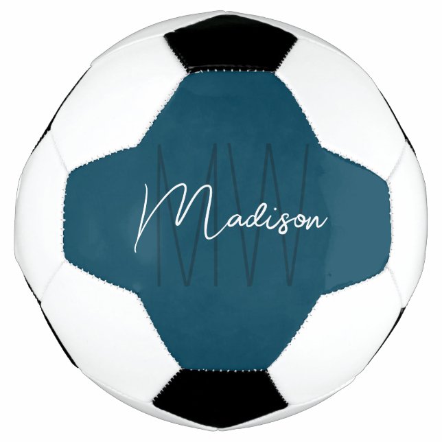 Modern Monogram Name Script Blue Soccer Ball (Front)