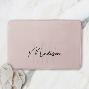 Modern Monogram Name Script Blush Pink Bath Mat