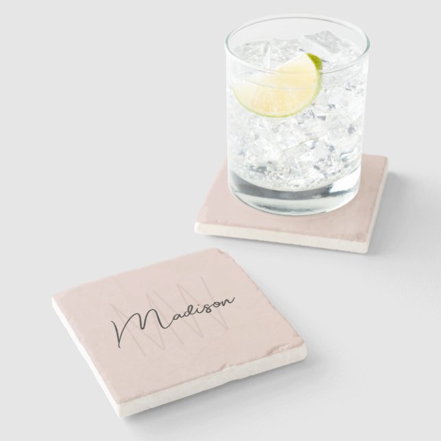 Modern Monogram Name Script Blush Pink Stone Coaster (Side)