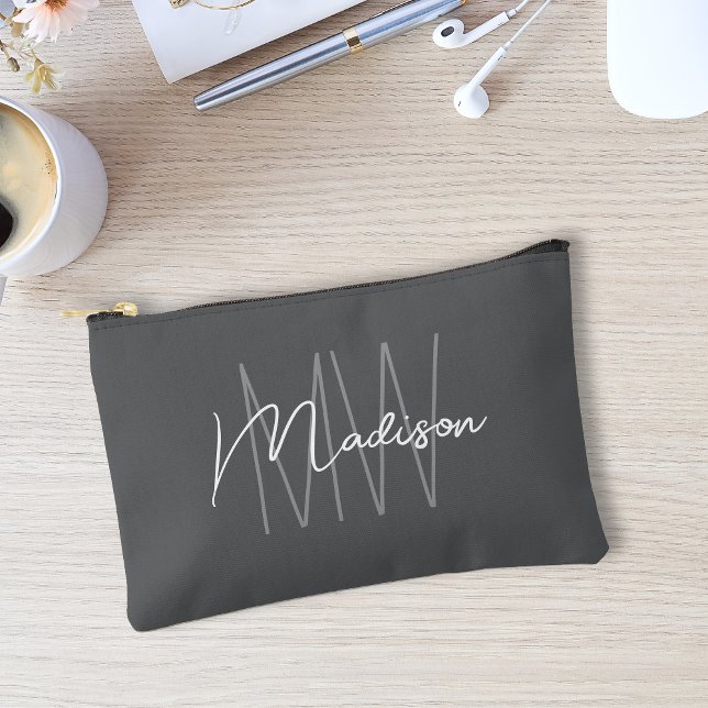 Modern Monogram Name Script Grey Accessory Pouch (Modern Monogram Name Script Gray Accessory Pouch)