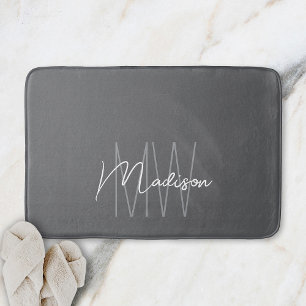 Modern Monogram Name Script Grey Bath Mat