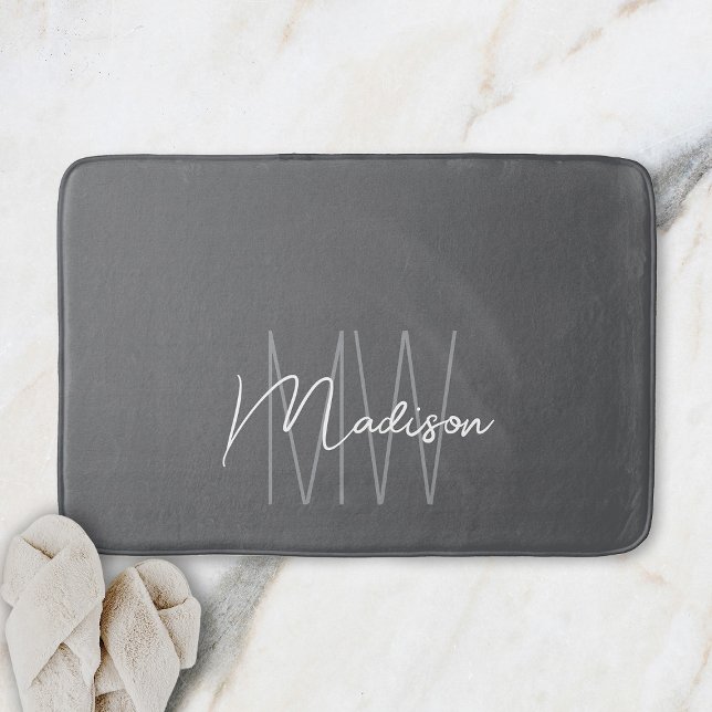 Modern Monogram Name Script Grey Bath Mat (Modern Monogram Name Script Gray Bath Mat)