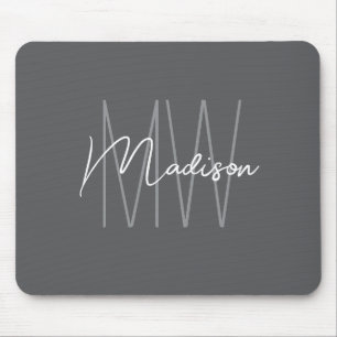 Modern Monogram Name Script Grey Mouse Pad