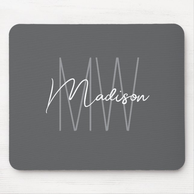 Modern Monogram Name Script Grey Mouse Pad (Front)