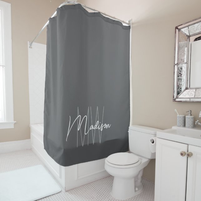 Modern Monogram Name Script Grey Shower Curtain (In Situ)