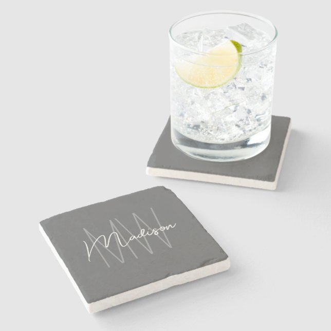 Modern Monogram Name Script Grey Stone Coaster (Side)