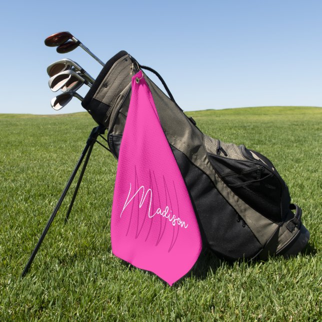 Modern Monogram Name Script Pink Golf Towel (Green)