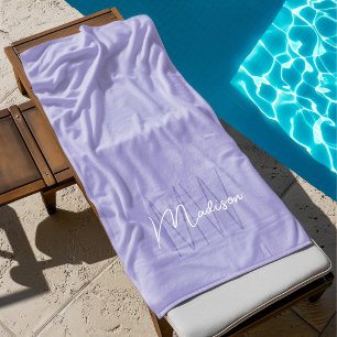 Modern Monogram Name Script Purple Beach Towel