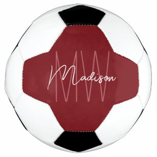 Modern Monogram Name Script Red Soccer Ball