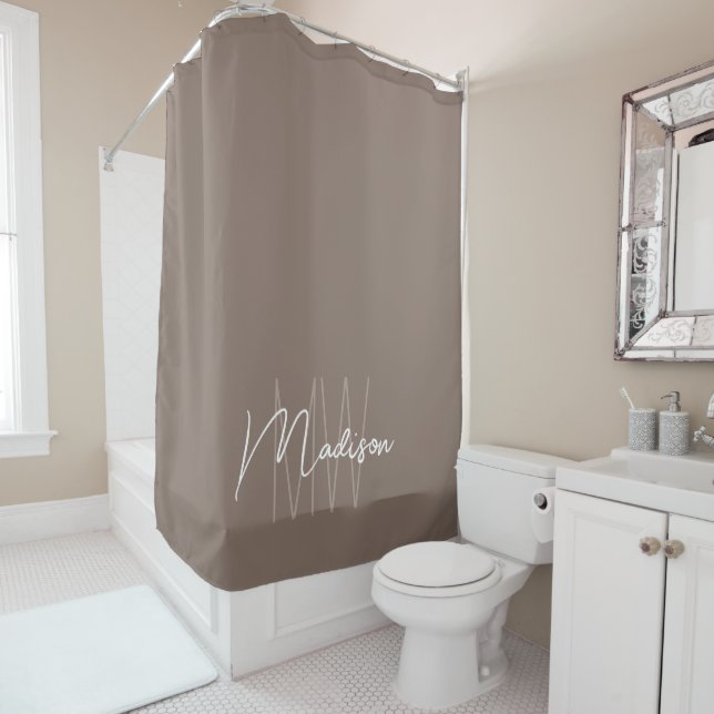 Modern Monogram Name Script Taupe Shower Curtain (In Situ)