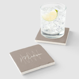 Modern Monogram Name Script Taupe Stone Coaster