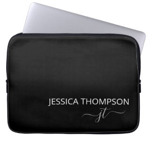 Modern Monogram Name Stylish Black White Laptop Sleeve