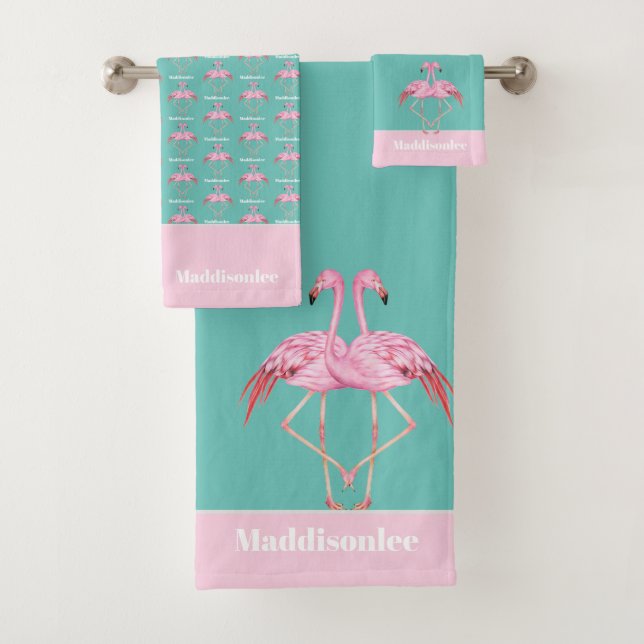 Modern Monogram Name Teal Pink Flamingo  Bath Towel Set (Insitu)
