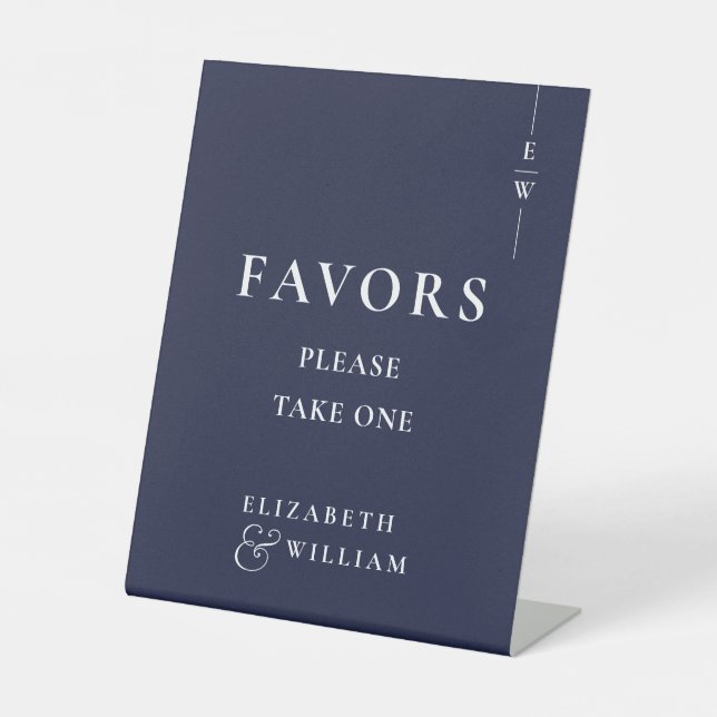 Modern Monogram Navy Blue Favours Wedding Pedestal Sign (Front)
