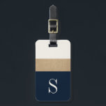 Modern Monogram Navy Blue Gold Striped Luggage Tag<br><div class="desc">Modern and chic,  this luggage features classic navy blue and gold stripes and a customisable monogram. Add you name and address to the back for a truly personalised luggage tag.</div>