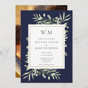 Modern Monogram Navy Blue Greenery Photo Wedding Invitation