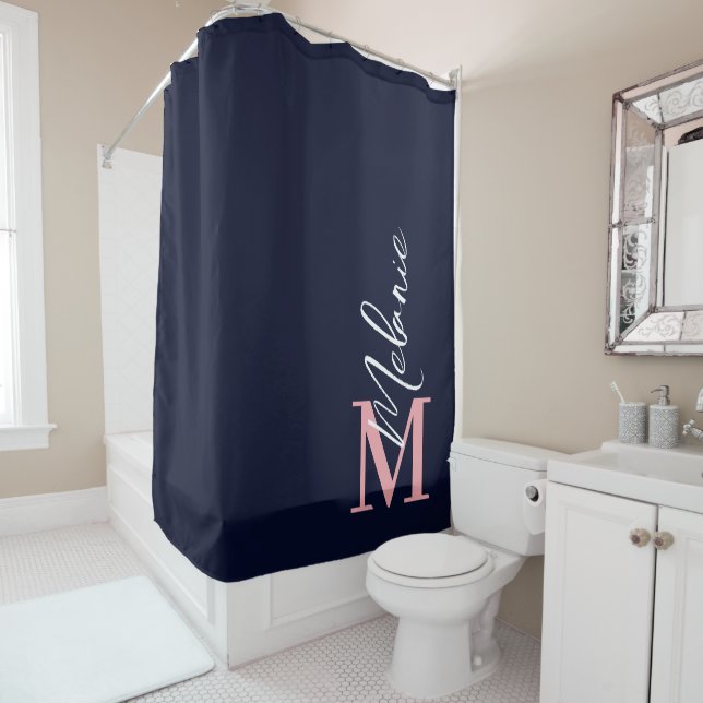 Modern Monogram Navy Blue Pink Shower Curtain (In Situ)