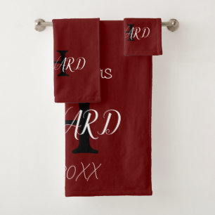 Modern Monogram Newlyweds Burgundy Red Black White Bath Towel Set