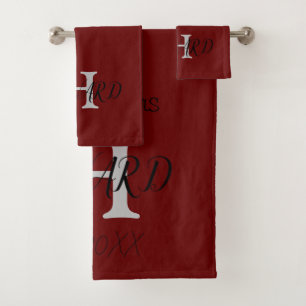 Modern Monogram Newlyweds Burgundy Red Black White Bath Towel Set
