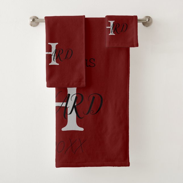 Modern Monogram Newlyweds Burgundy Red Black White Bath Towel Set (Insitu)