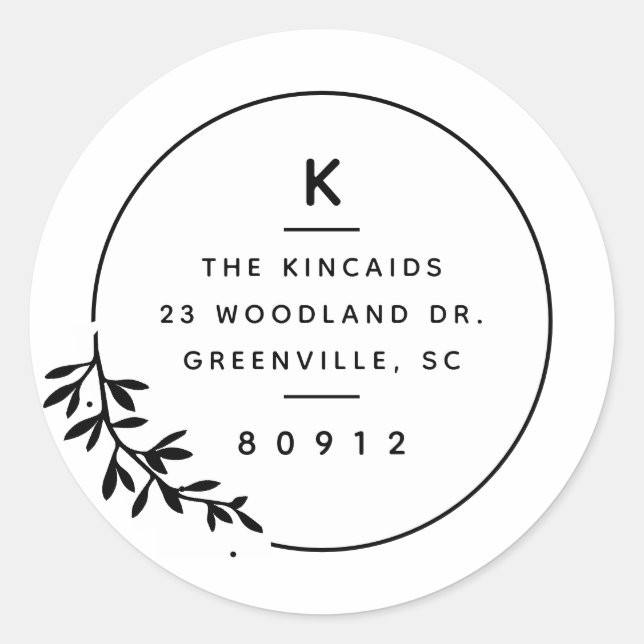 Modern monogram olive branch return address classic round sticker (Front)