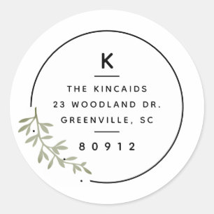 Modern monogram olive branch wreath return address classic round sticker