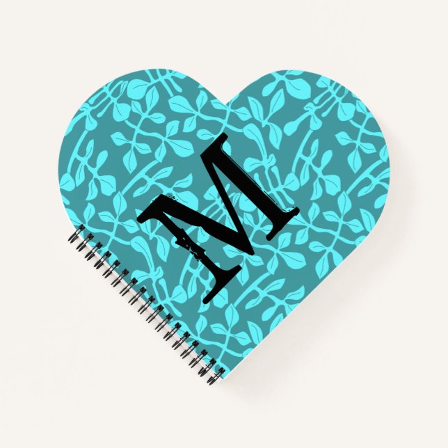 Modern Monogram on Aqua Stylised Leaves Notebook (Front)