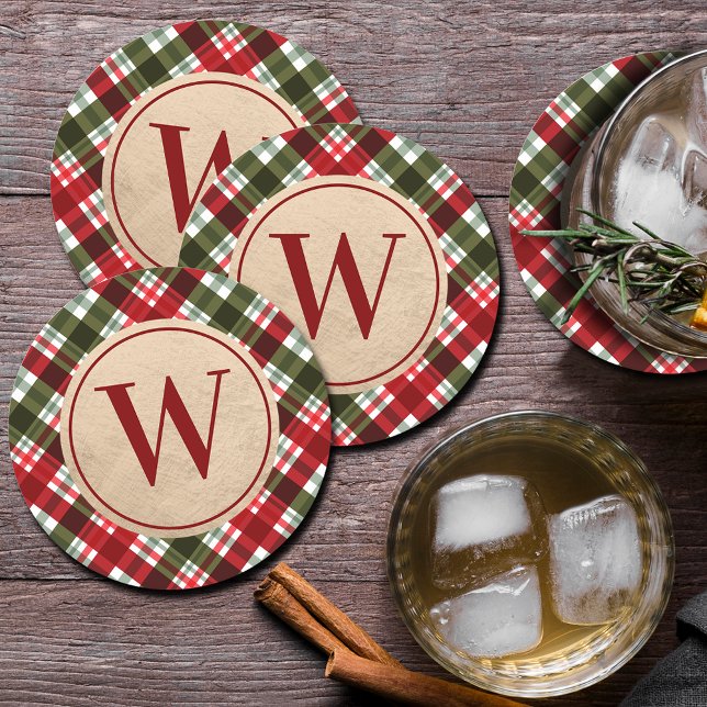 Modern Monogram on Christmas Plaid Round Paper Coaster (Creator Uploaded)