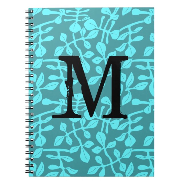 Modern Monogram on Stylised Aqua Leaves Notebook (Front)