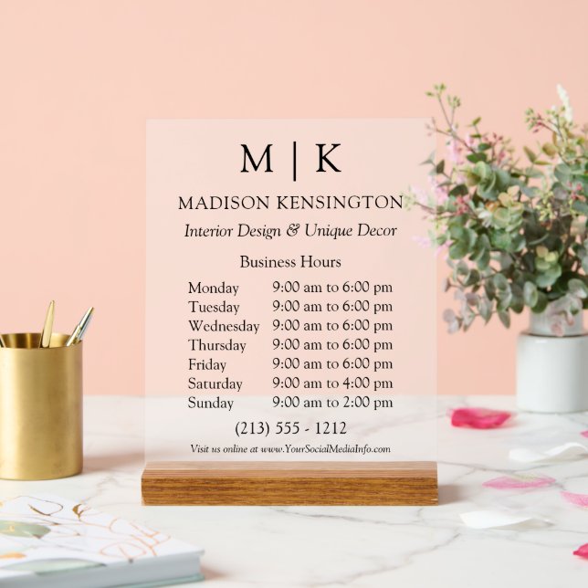 Modern Monogram or Add Logo Business Hours Acrylic Sign (Wedding)