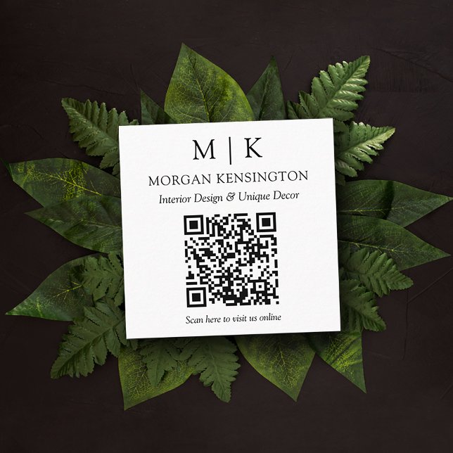 Modern Monogram or Add Logo QR Scan Code Square Business Card (Edit to Customize text, colors and more)