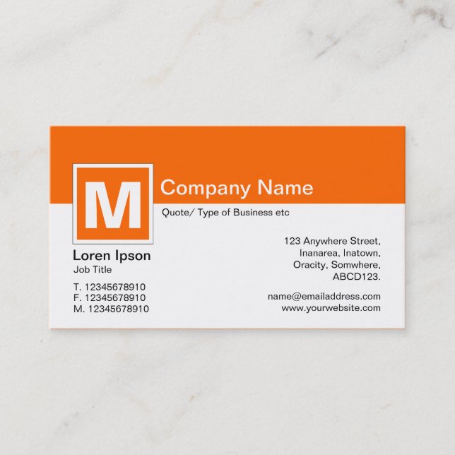 Modern Monogram - Orange and White Business Card (Front)