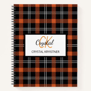 Modern Monogram Orange Fall Plaid Notebook