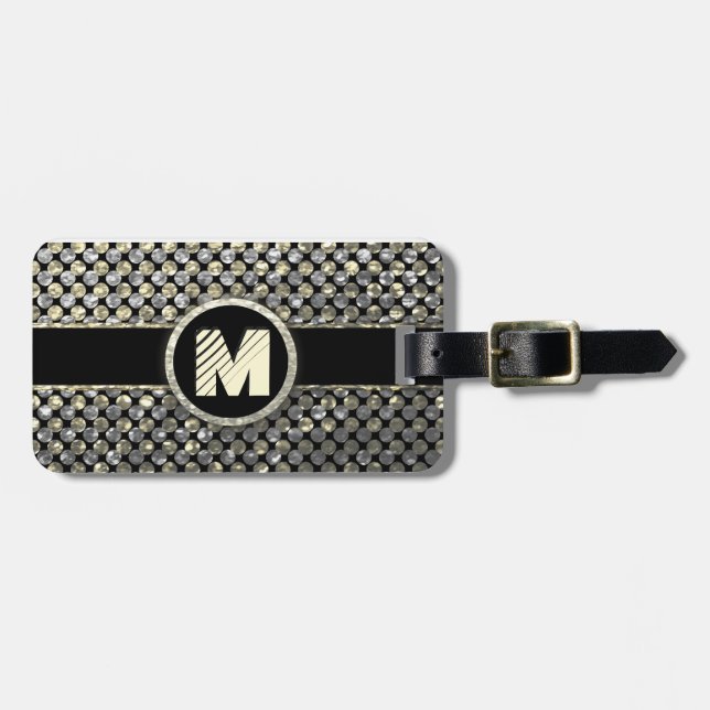 Modern Monogram Pattern in Gold and Black Luggage Tag (Front Horizontal)
