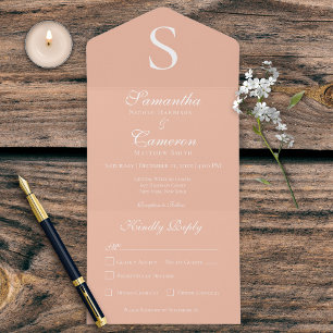 Modern Monogram Peach All in One Wedding Invite