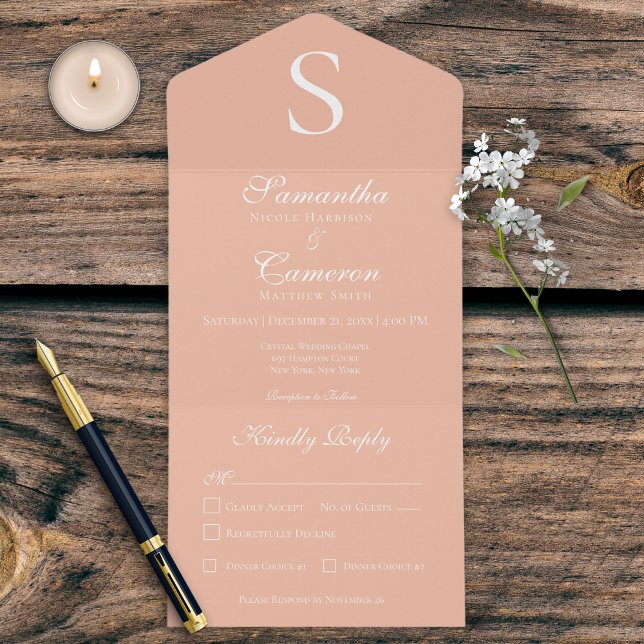 Modern Monogram Peach All in One Wedding Invite (Creator Uploaded)