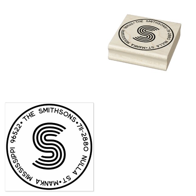 Modern Monogram Personalised Family Name & Address Rubber Stamp (Stamped)
