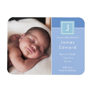 Modern Monogram Photo Baby Boy Birth Announcement Magnet