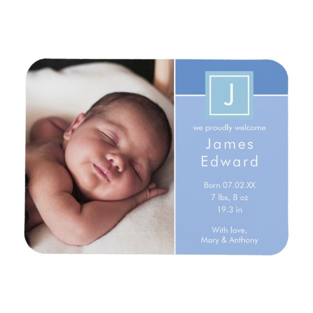 Modern Monogram Photo Baby Boy Birth Announcement Magnet (Horizontal)