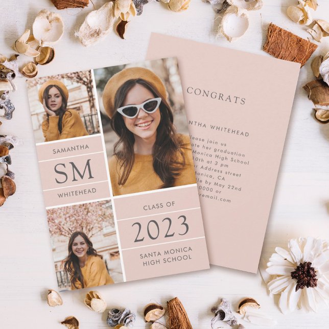 Modern Monogram Photo Collage Blush Graduation Announcement (Creator Uploaded)