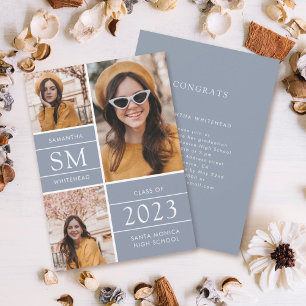 Modern Monogram Photo Collage Dusty Blue Announcement