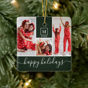 Modern Monogram Photo Collage Happy Holiday Green Ceramic Ornament