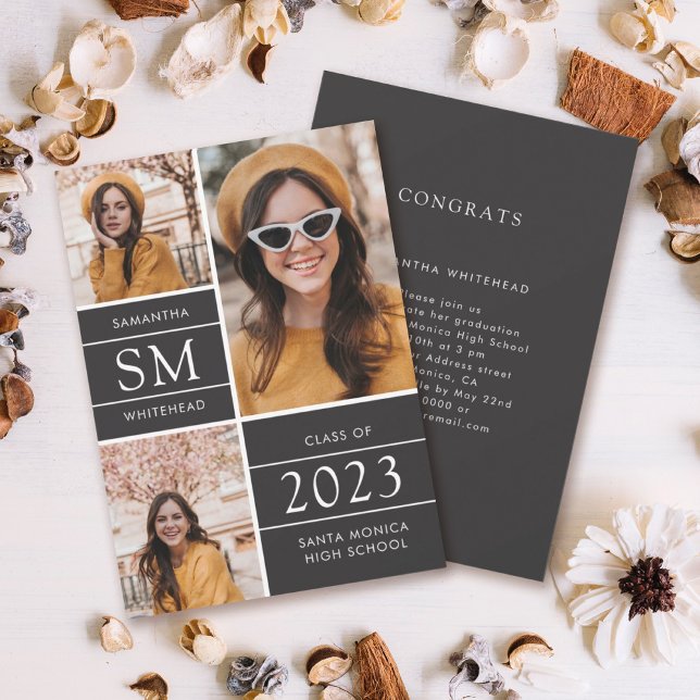 Modern Monogram Photo Collage Soft Black Announcement (Creator Uploaded)