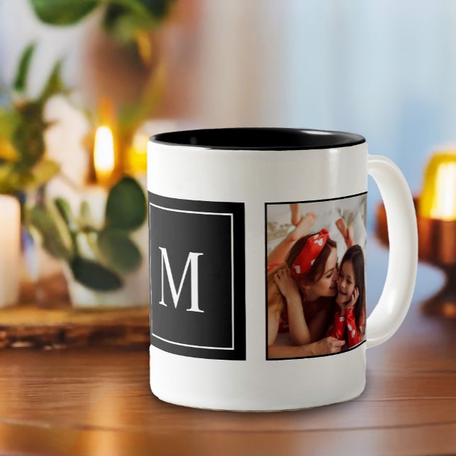 Modern Monogram Photo Collage Two-Tone Coffee Mug (A perfect gift for holidays or birthdays. Surprise your loved one with a monogrammed mug)