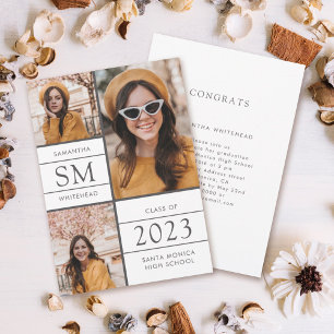 Modern Monogram Photo Collage White Graduation Announcement