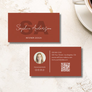Modern Monogram Photo QR Terracotta Professional Business Card