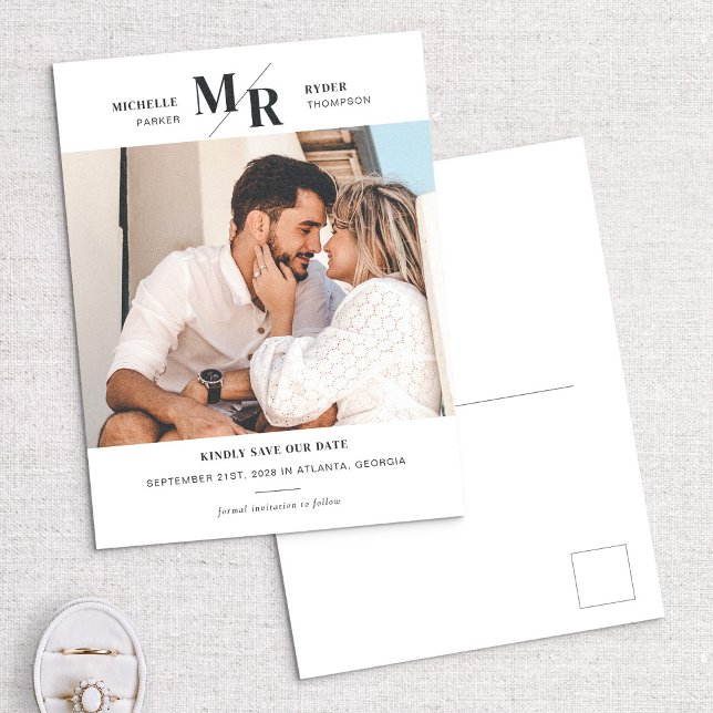 Modern Monogram Photo Save the Date Postcard (Creator Uploaded)