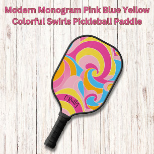Modern Monogram Pink Blue Yellow Colourful Swirls Pickleball Paddle