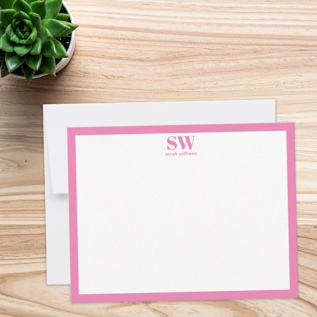 Modern Monogram Pink Border Minimalist Note Card (Creator Uploaded)