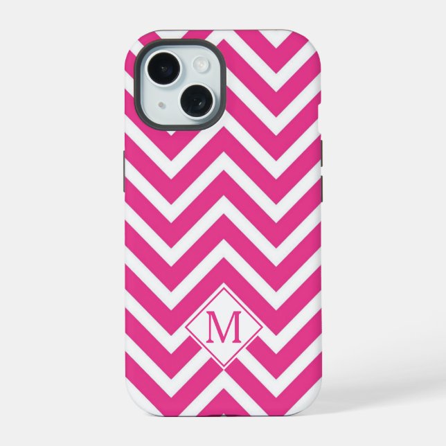 Modern Monogram Pink Chevron Stripes iPhone 15 Case (Back)